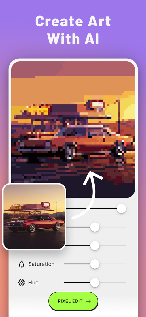 Interface de l'application appareil photo IA pixel art PixelMe montrant une photo de voiture transformée en art 8 bits avec des curseurs d'édition