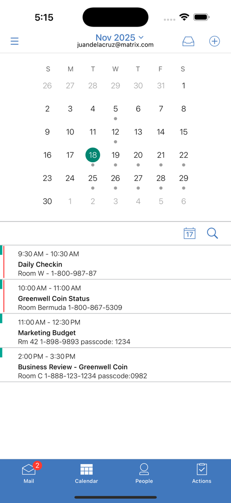 L'application professionnelle HCL Verse affiche un calendrier mensuel et un planning quotidien de réunions professionnelles.
