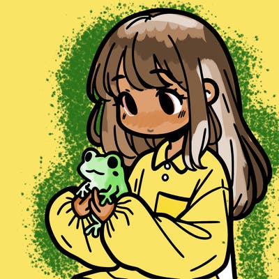 girl with long hair and a oversized shirt. and she is holding a frog