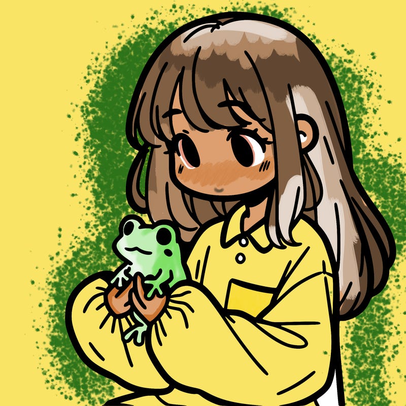 girl with long hair and a oversized shirt. and she is holding a frog