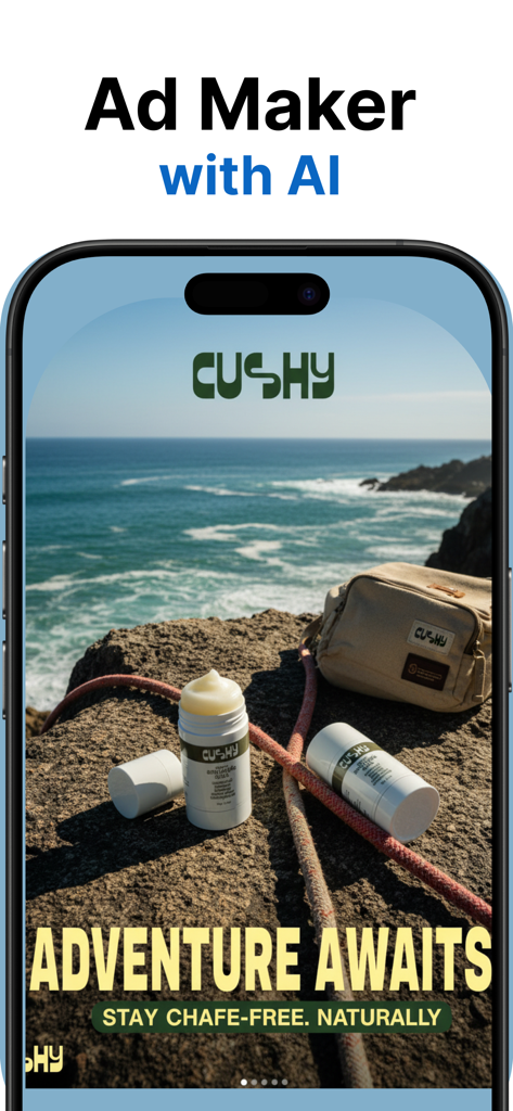 Ein iPhone-Bildschirm, der eine professionell gestaltete Social-Media-Anzeige für Hautpflegeprodukte zeigt, die mit AI Ad Maker erstellt wurde