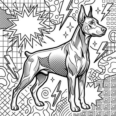 Immerse yourself in the vibrant world of Pop Art with this striking Doberman Pinscher coloring page. Featuring bold lines and iconic halftone dots, it's a unique tribute to this majestic breed.