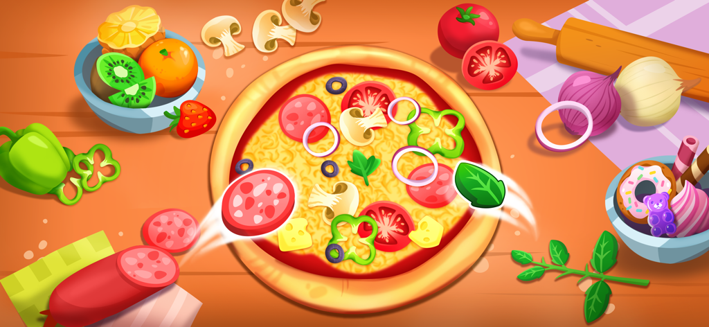 Pizza Maker: Kids Cooking Game - A colorful cartoon pizza being decorated with various toppings in a kids cooking game interface