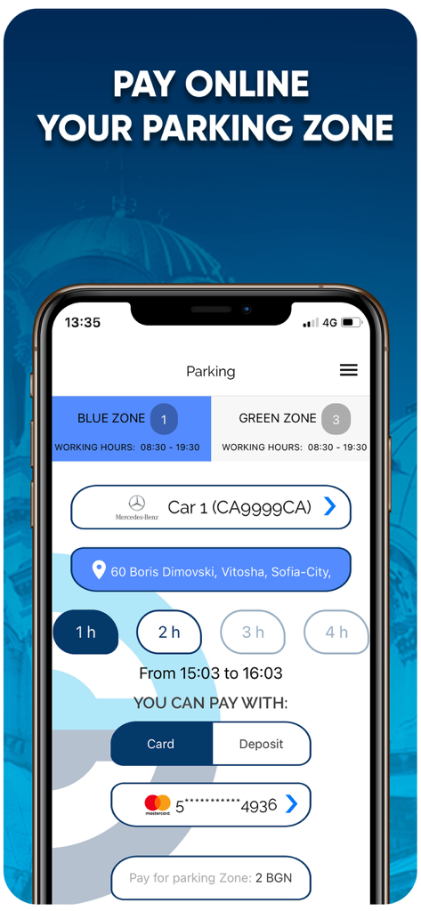 Sofia Plus - Sofia Plus mobile app screen showing options to pay for a parking zone by card in Sofia
