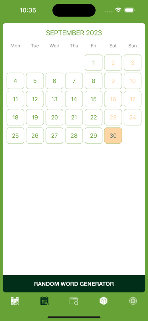 Brazil Word of the Day - Vue du calendrier de l'application Brésil Mot du Jour montrant les progrès quotidiens d'apprentissage de la langue portugaise pour septembre