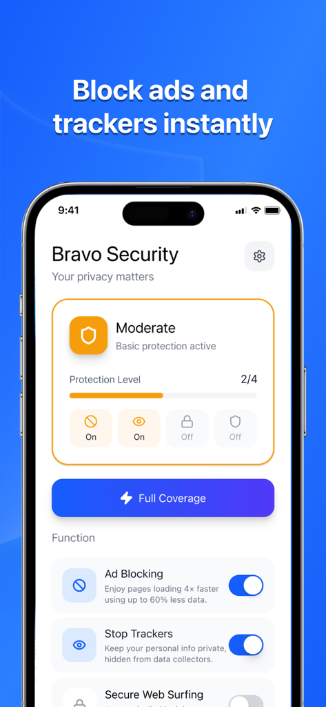 Bravo Security mobile app interface showing ad and tracker blocking settings on an iPhone