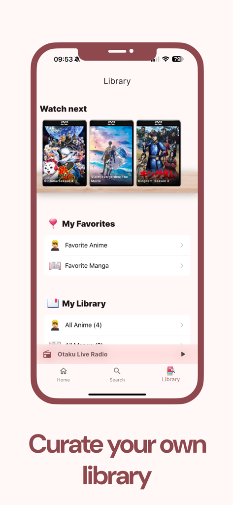 Otaku - Anime & Manga - Una pantalla móvil que muestra la función de biblioteca de la aplicación Otaku para organizar favoritos de anime y manga