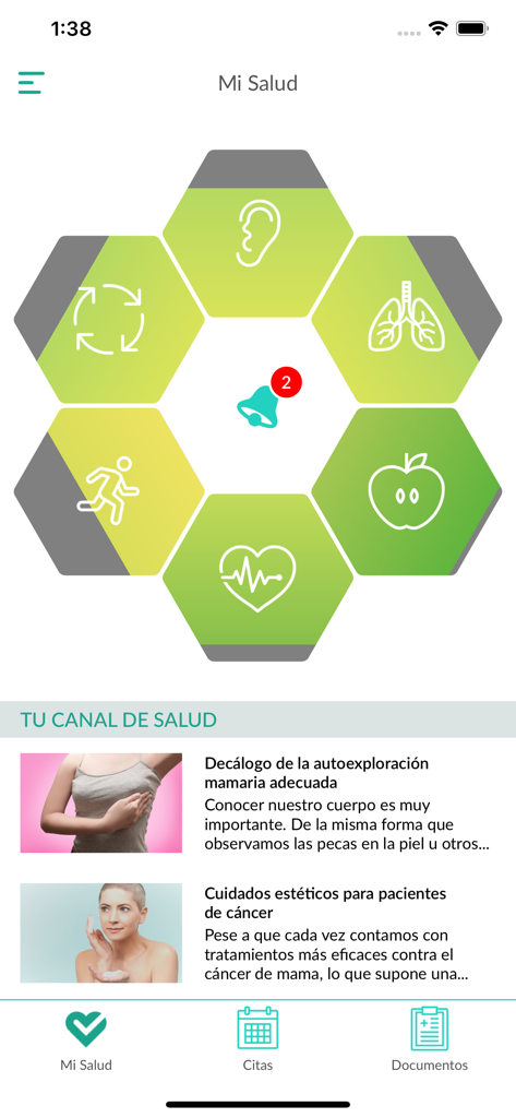 MiSalud OHS App-Startbildschirm mit einem visuellen Gesundheitsstatus-Sechseck und einem personalisierten Gesundheitskanal mit Wellness-Artikeln