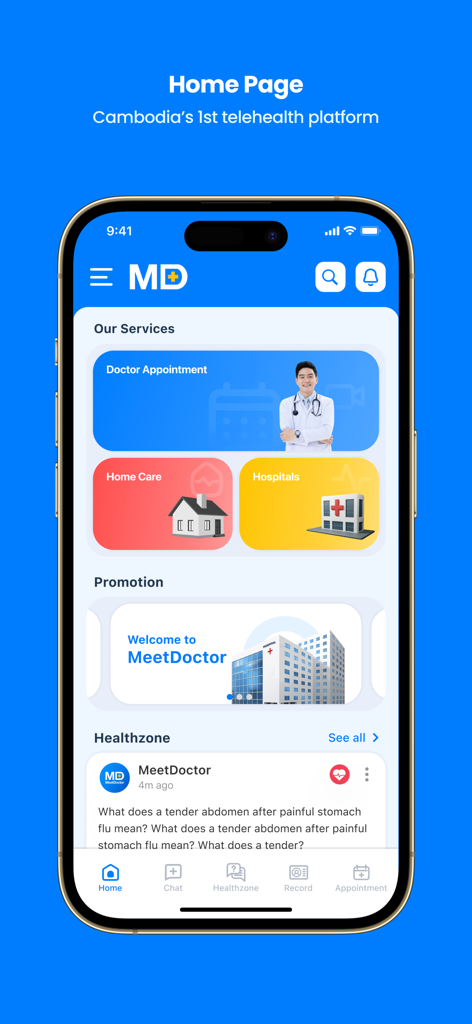 MeetDoctor - MeetDoctor mobile app home screen showing services for doctor appointments home care and hospitals in Cambodia.