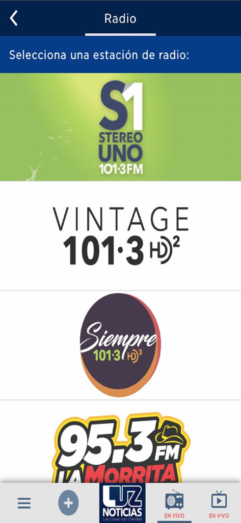 Luz Noticias - Radio station selection screen in the Luz Noticias app featuring Stereo Uno and La Morrita stations