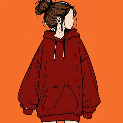 realistic girl with a oversized sweatshirt on and a bun