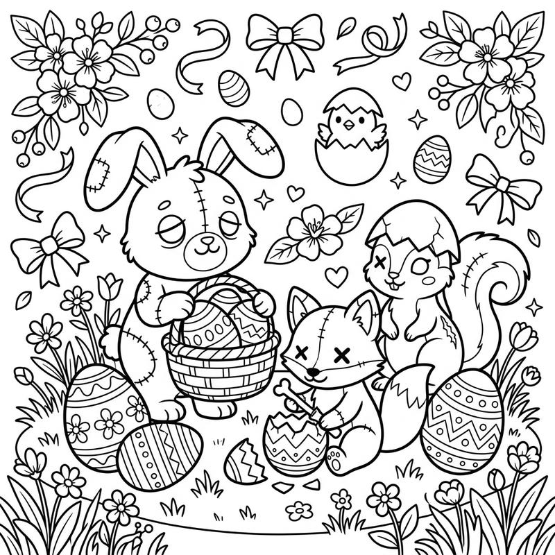 Get ready for an extraordinary Easter coloring experience with our Animal Zombies x Easter template! This adorable yet eerie design brings together plush-toy-like reanimated animals celebrating the spring holiday amidst decorated eggs and blooming flowers.