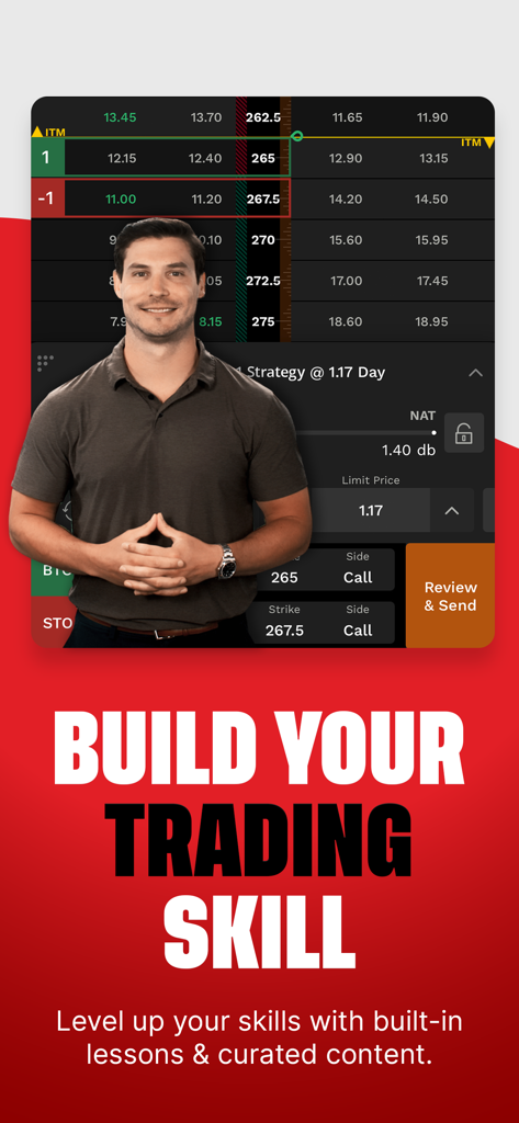 A man in a polo shirt in front of an options trading interface with the text Build Your Trading Skill
