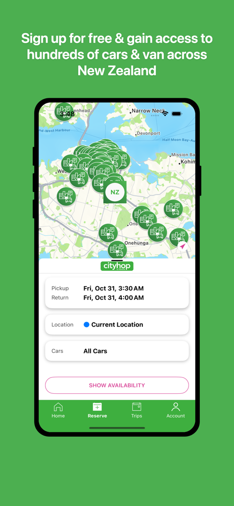 ニュージーランドの利用可能な車とバンの地図と予約インターフェースを示すCityhopアプリのスクリーンショット。