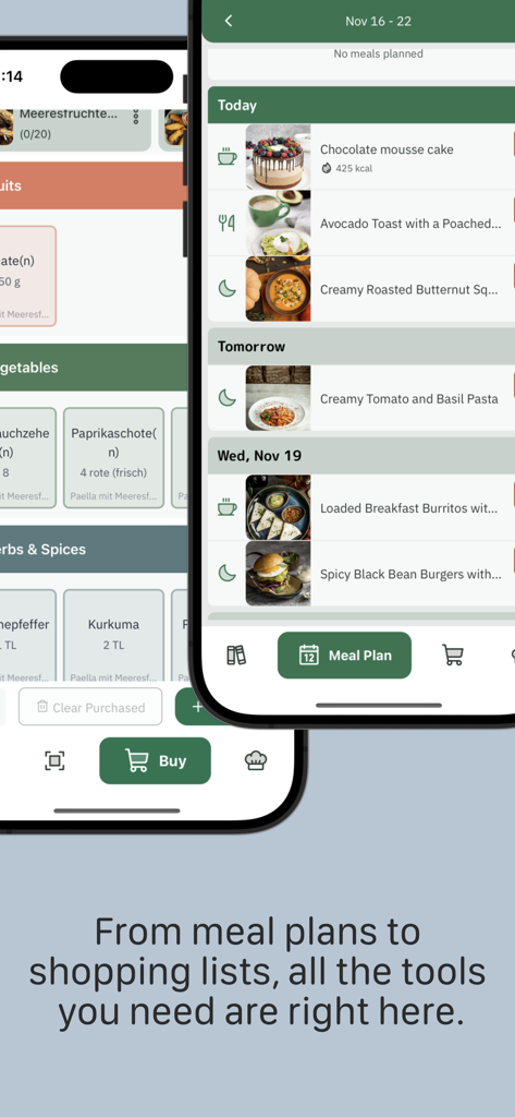 CookZone - Recipes Manager - Interfaz de la app CookZone mostrando un calendario de planificación de comidas semanal y una lista de la compra organizada.