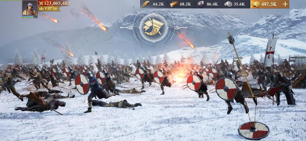 Frost & Flame: King of Avalon - Large scale medieval army battle in a snowy landscape from Frost and Flame King of Avalon