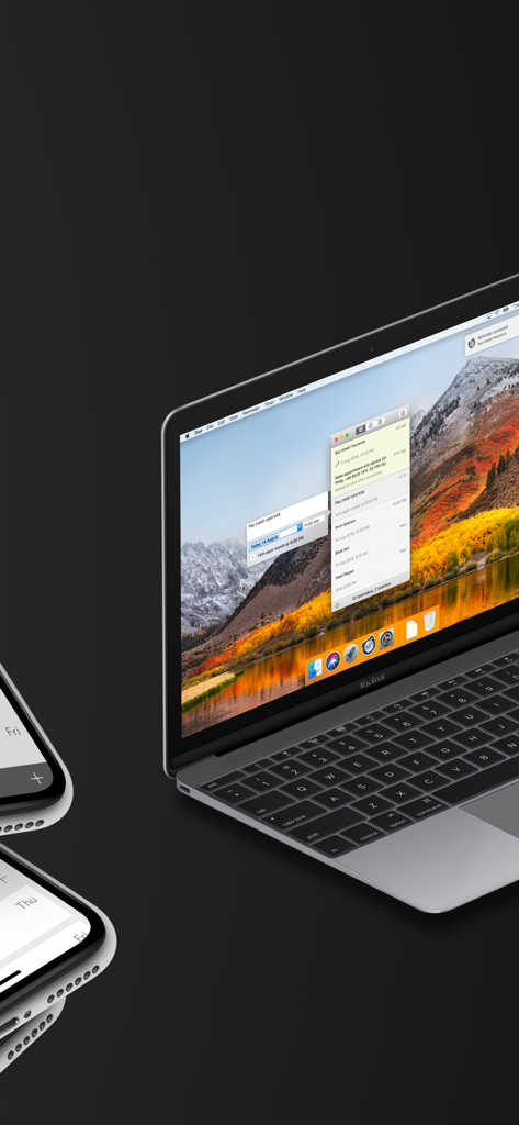 Due - Reminders & Timers - Interface do aplicativo de lembretes e temporizadores Due exibida em um MacBook e iPhone
