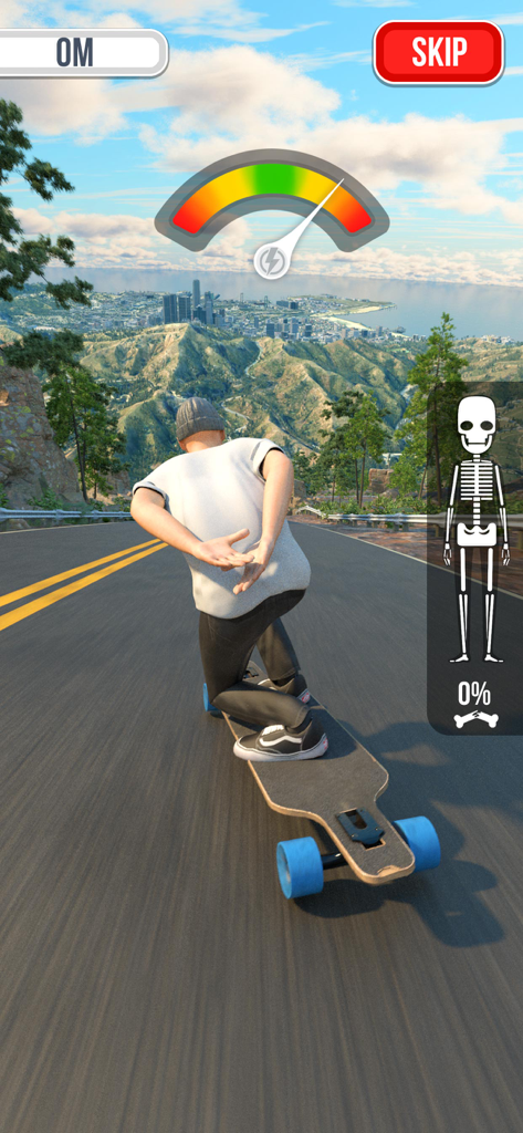 Falling Art Ragdoll Simulator - Ragdoll character on a longboard riding down a scenic mountain road