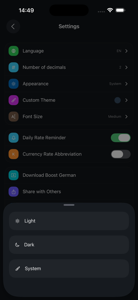 RateX AI: Currency Converter - RateX AIの設定画面に、言語、フォントサイズ、ダークモードの外観選択などのアプリカスタマイズオプションが表示されています