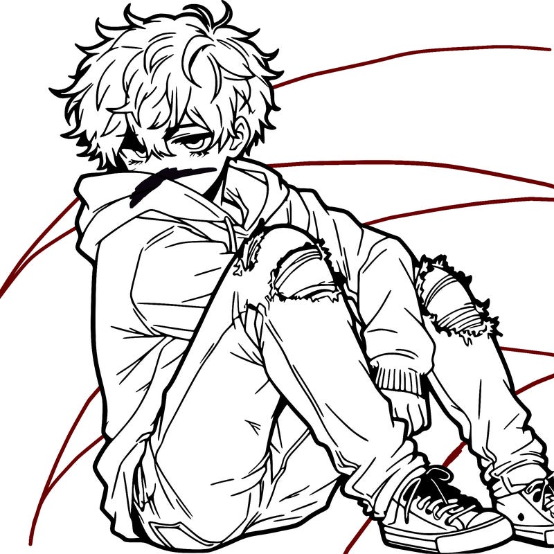 a male hoddie ripped jeans messy hair anime