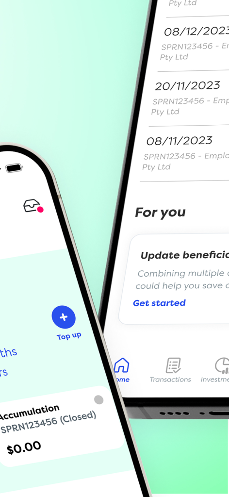 CareSuper - Dashboard and transaction screens of the CareSuper mobile application
