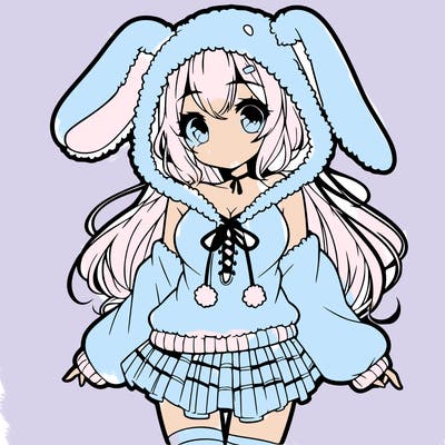 pretty anime girl wearing a fluffy hoodie with bunny ears on the hood and a skirt
