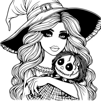 realistic beautiful witch halloween holding spooky doll