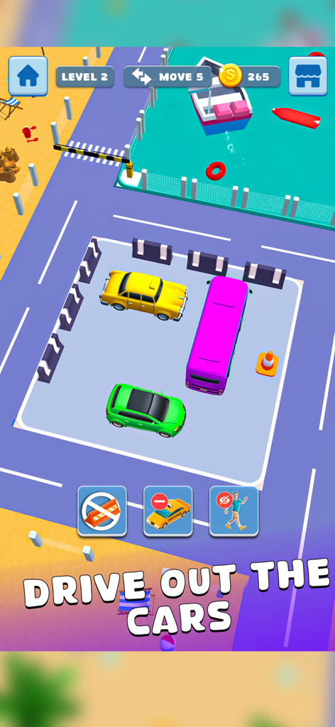 Car Jam Vehicle Escape - Pantalla de juego de Car Jam Vehicle Escape mostrando un puzzle de estacionamiento con un taxi amarillo y un autobús rosa cerca de un nivel junto al mar.