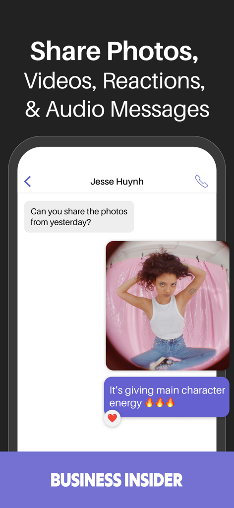 A mobile chat interface in the Text Free app showing a shared photo and text messages with emoji reactions
