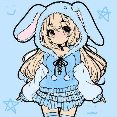 pretty anime girl wearing a fluffy hoodie with bunny ears on the hood and a skirt