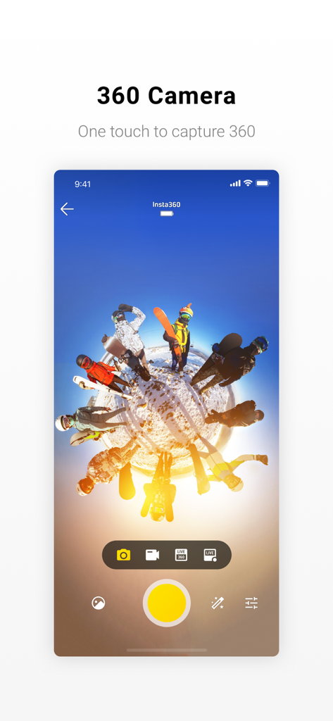 Insta360 ONE X - Insta360 ONE X mobile app interface showing a tiny planet 360 degree photo of a group of snowboarders