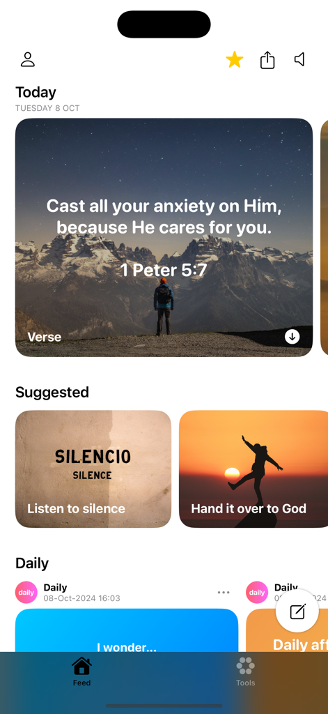 Daily Bible Verse & Motivation - Interface of the Daily Bible Verse and Motivation app displaying the verse of the day and suggested spiritual content