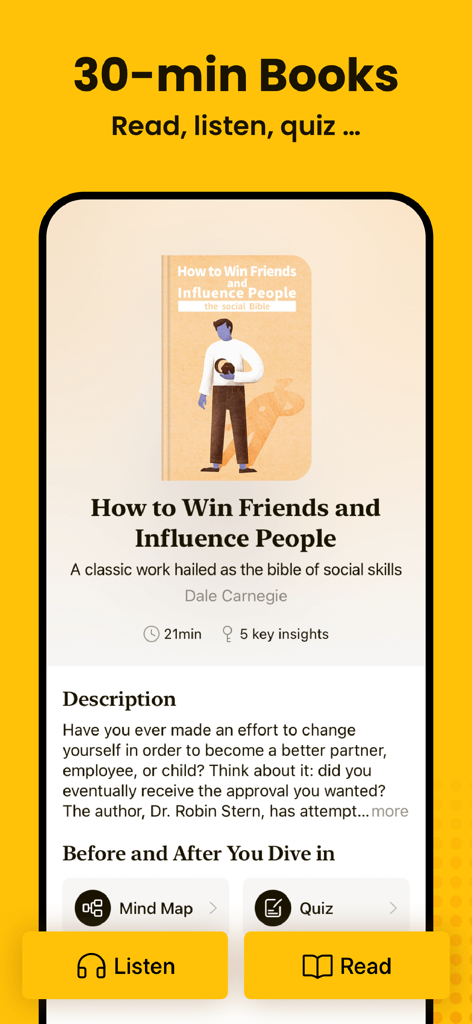 Bookey: Book Ideas for Growth - A screenshot of the Bookey app showing a 30 minute book summary for How to Win Friends and Influence People with options to listen or read.
