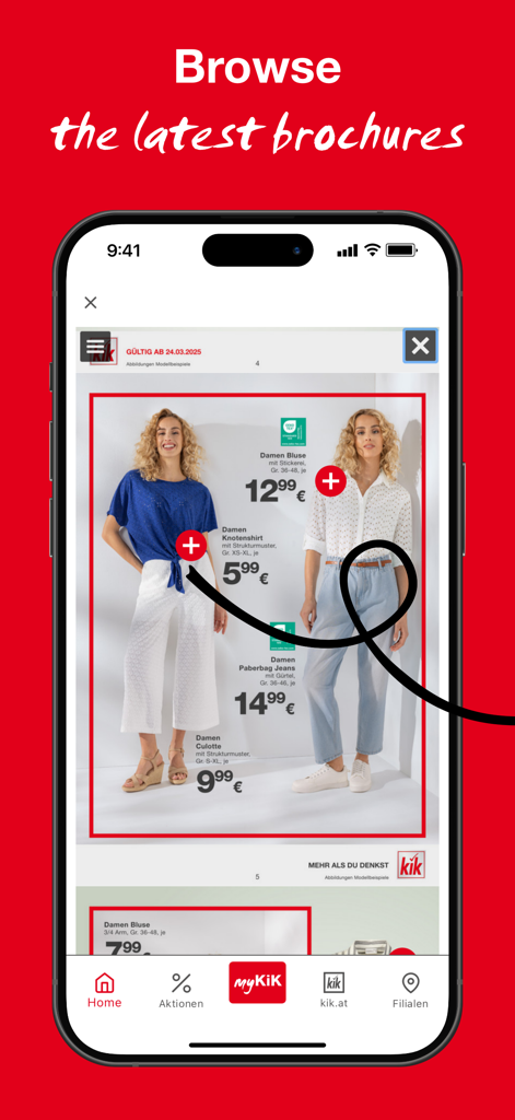 myKiK - Austria - A mobile screen showing the myKiK app digital brochure with women's fashion items and prices.