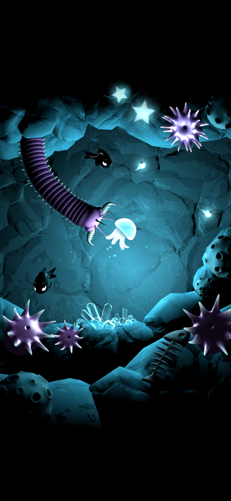 Seashine - Una pequeña medusa brillante se encuentra con un depredador gigante y obstáculos espinosos en una cueva submarina oscura.