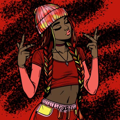 realistic teenage girl with braids and a beanie and crop top doing 🫶🏼