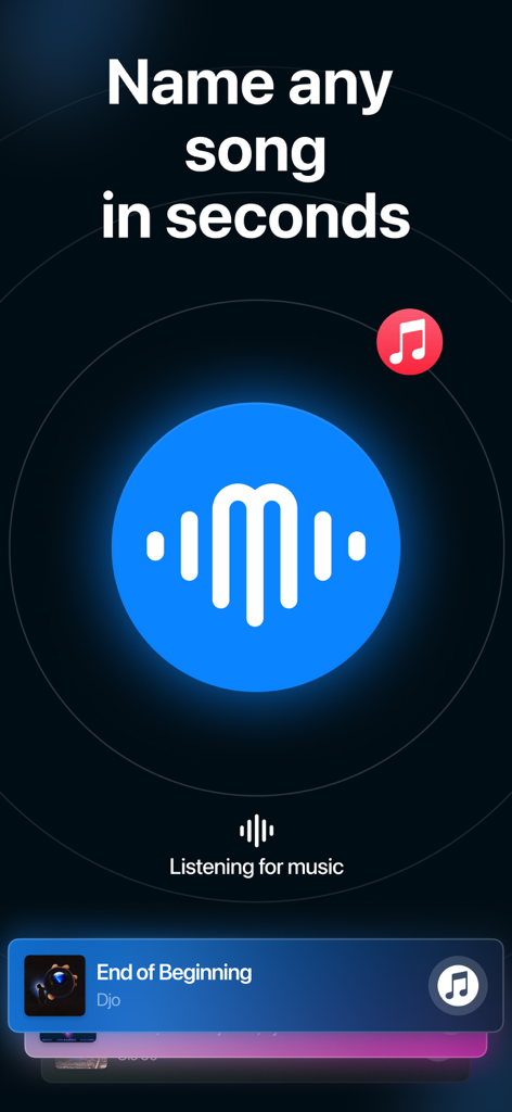 Interfaz de la aplicación Music Finder que muestra una pantalla de identificación de canciones con el texto Nombra cualquier canción en segundos y una canción descubierta por Djo.