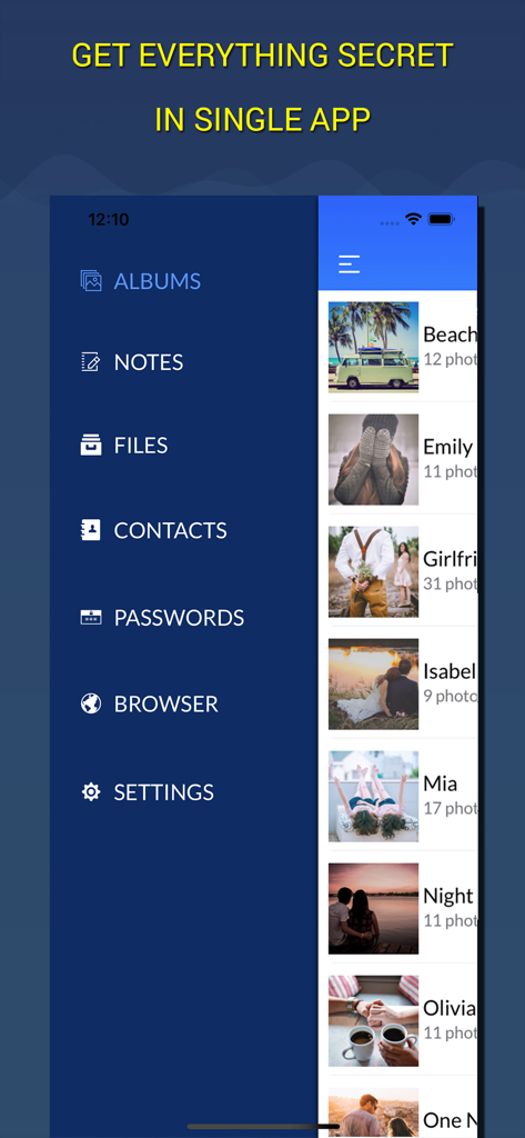 Secret app menu with private photo albums and secure browser features