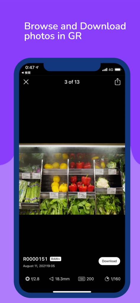 GR Remote Viewer for GR2 & GR3 - Oberfläche der GR Remote Viewer App, die eine Foto-Vorschau mit Kamerametadaten anzeigt.