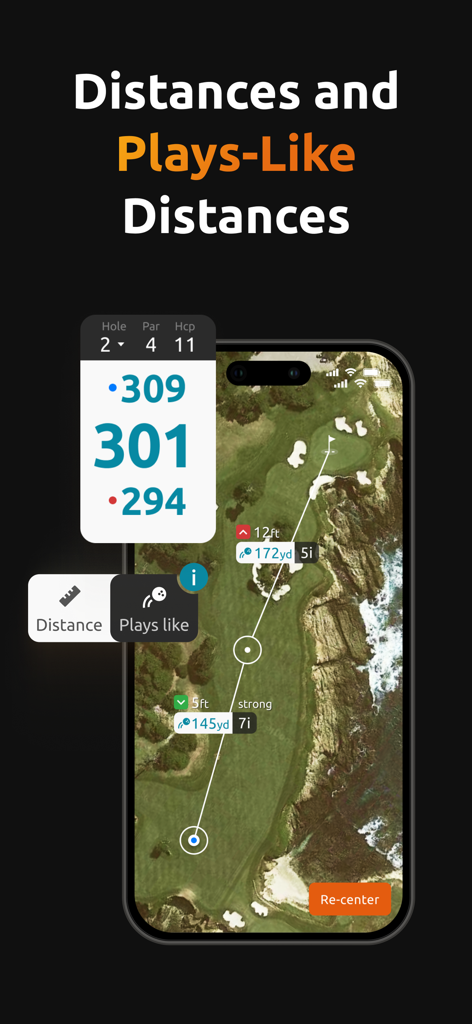 Satellite course map view in the 15th Club app showing standard and plays-like golf distances on an iPhone screen.