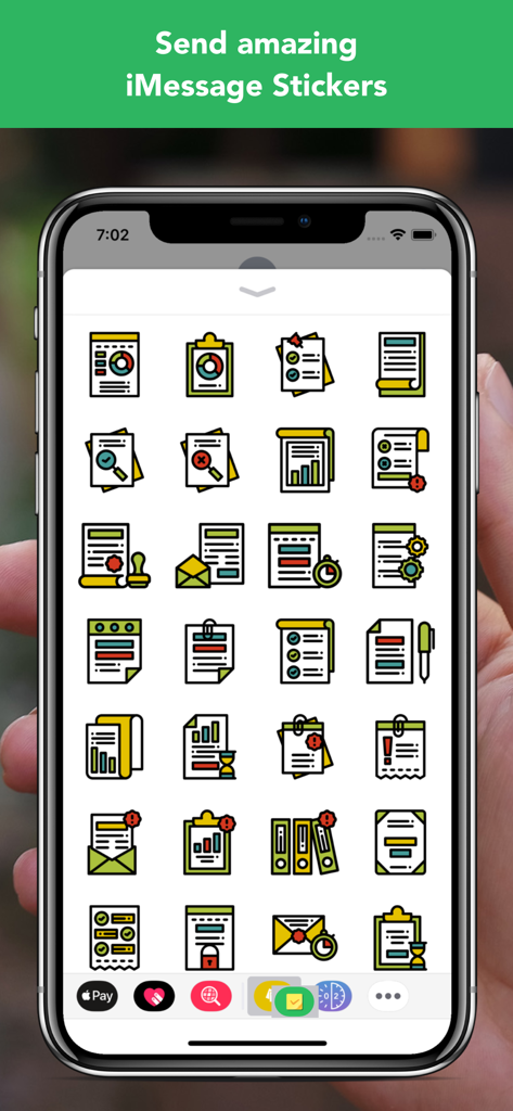 Uma variedade de adesivos coloridos do iMessage, incluindo gráficos, listas de verificação e documentos para o aplicativo Noteworthy em um iPhone.