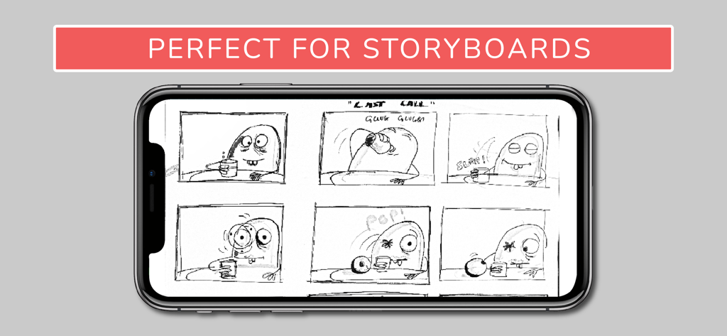 Animation Sketch - Animation Sketch 앱 인터페이스로 손으로 그린 스토리보드 패널을 보여줌