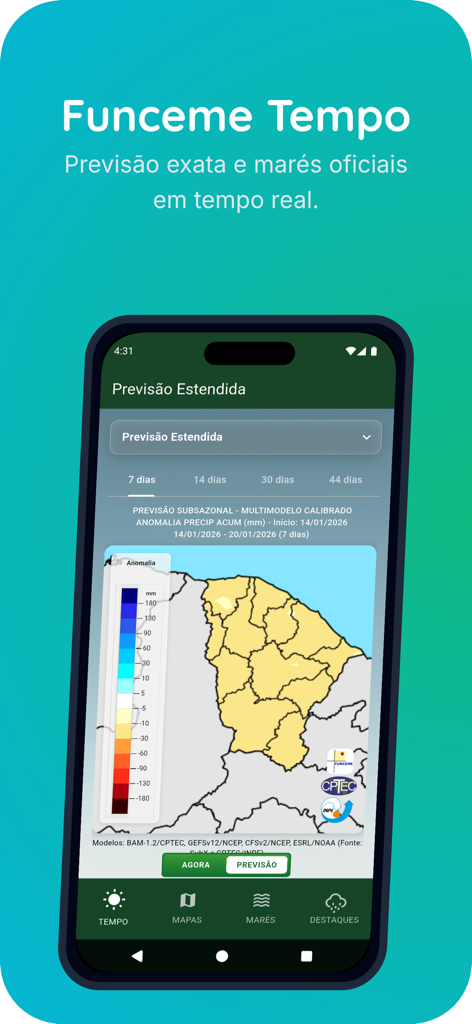 Funceme Tempo app interface showing an extended weather forecast map for Ceara Brazil