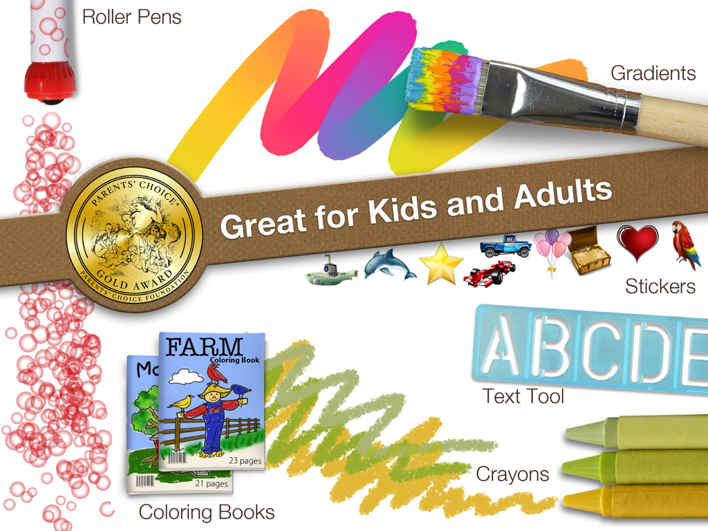Drawing Pad - Promotional graphic for Drawing Pad app showing art tools like crayons and stickers alongside its Parents Choice Gold Award seal