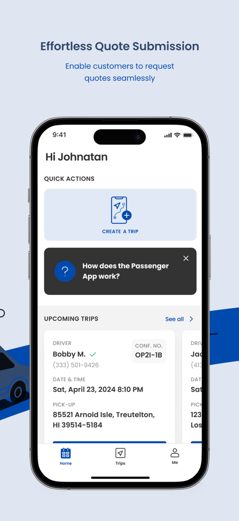 Ohare Airport Taxi - Ohare Airport Taxi app interface showing trip details and booking buttons