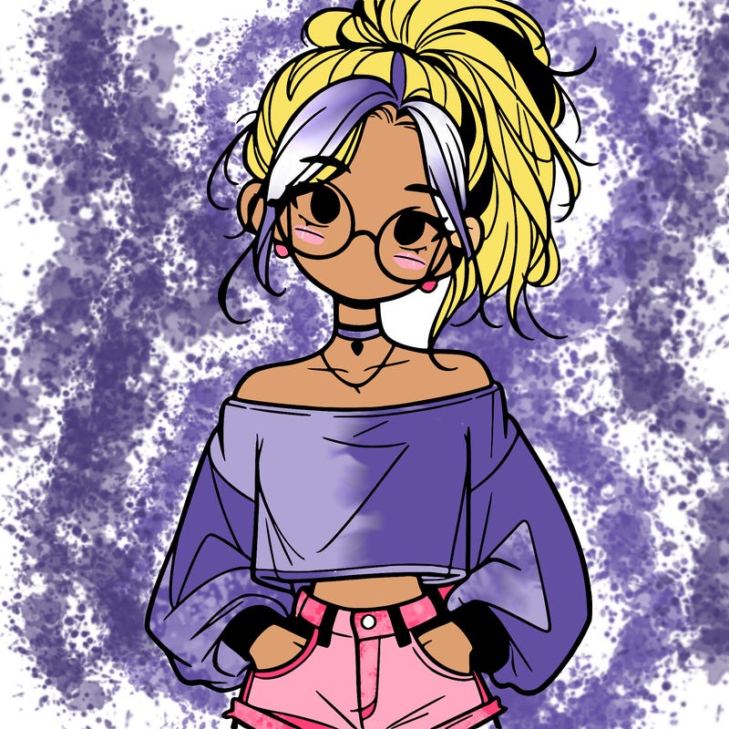 girl with a messy ponytail glasses a baggy crop top and jean shorts