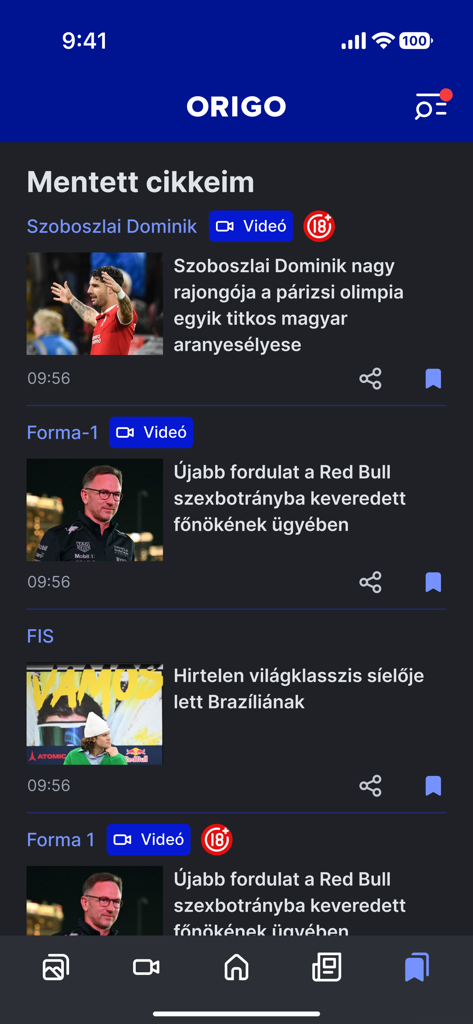 Az Origo hírek alkalmazás felülete, amely magyar nyelvű mentett cikkek listáját mutatja