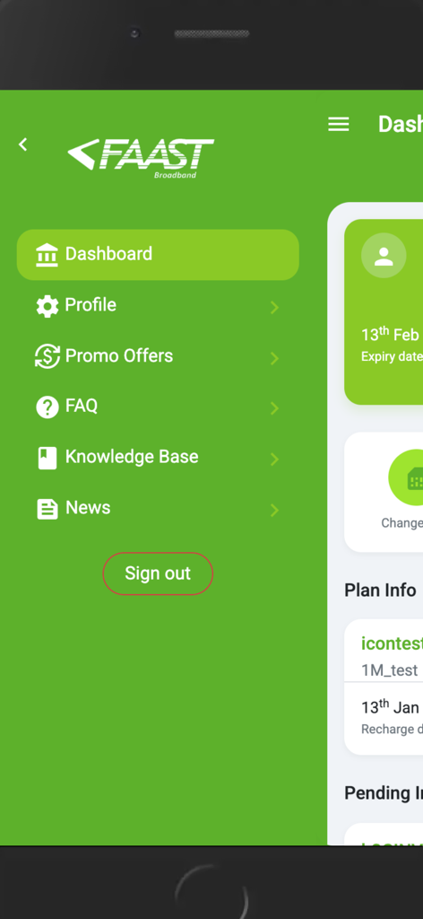FAAST USER APP - Mobile app interface showing the navigation menu for FAAST Broadband with links to profile and dashboard