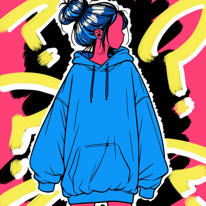 realistic girl with a oversized sweatshirt on and a bun