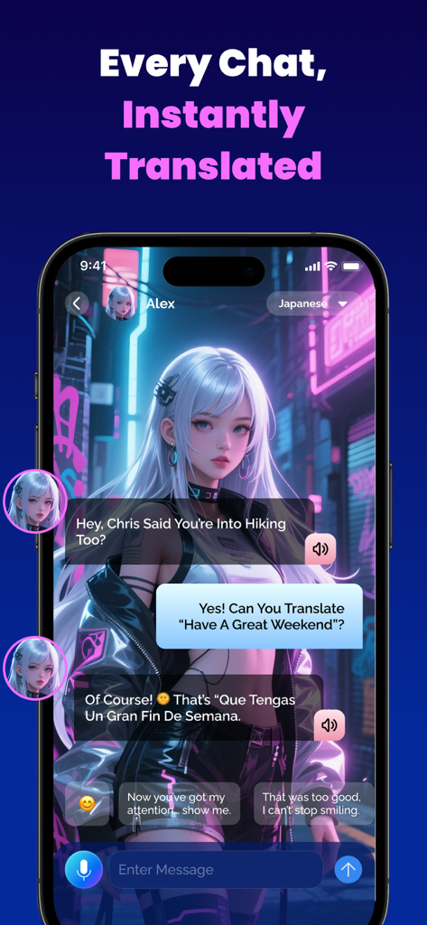 Real-time Voice Translator - A mobile app interface displaying real-time chat translation between English and Spanish with an anime character avatar.